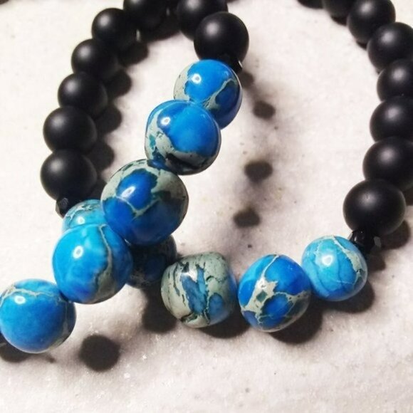 His & Hers Bracelet Set! Couples + Partners! Blue Sea Sediment Jasper 6.75" + 8" - Picture 3 of 8